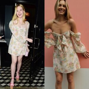For Love & Lemons Georgina Embellished Floral Babydoll Mini Dress Elle Fanning‎